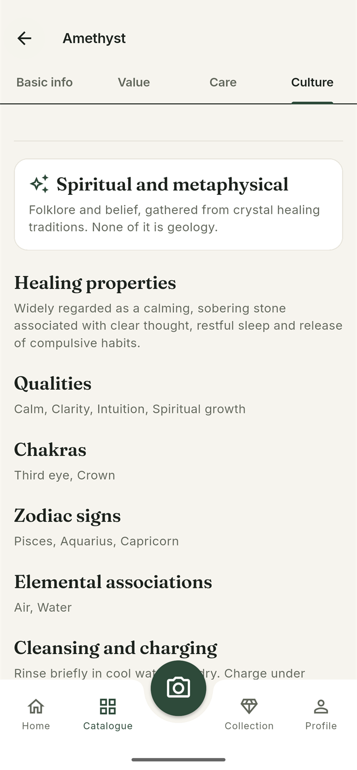Culture tab for amethyst showing healing properties, chakras and zodiac signs, introduced as folklore rather than geology
