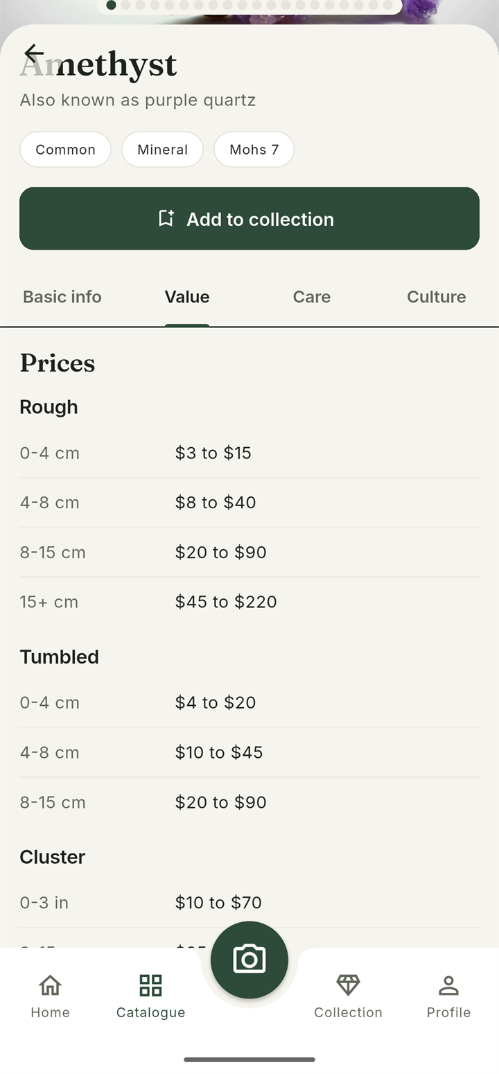 Value tab for amethyst showing estimated price ranges by specimen type and size