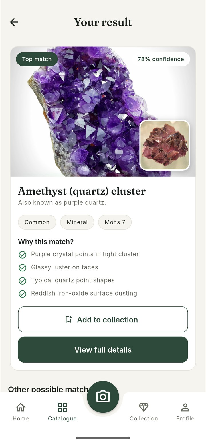 ScanMyRock result screen showing a top match of amethyst at 78 percent confidence, with the reasons for the match listed
